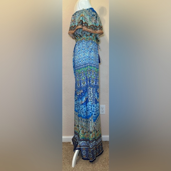 Shahida Parides‎ silk viscose strapless jumpsuit blue green pattern bohemian S/M - Picture 5 of 11